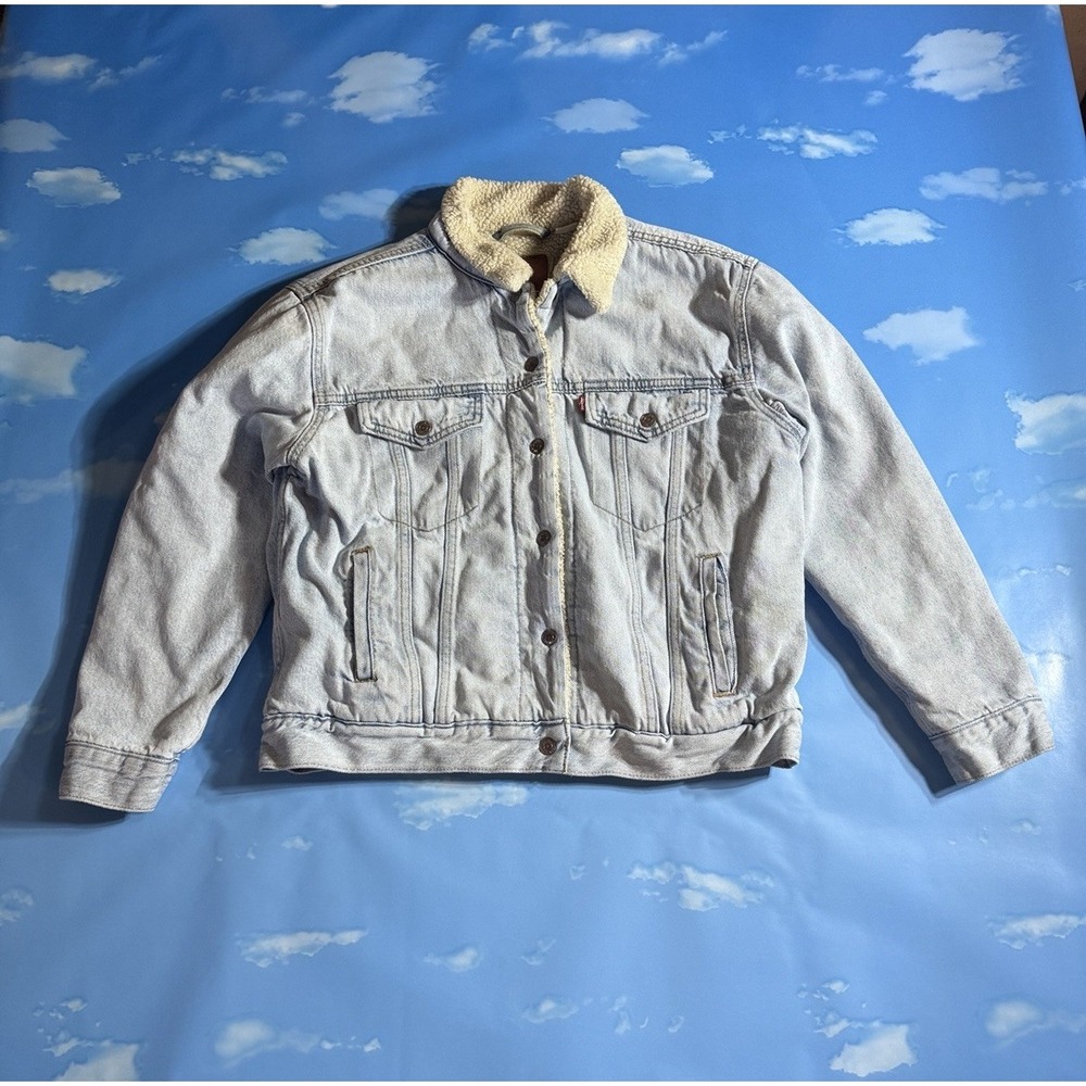 Levis Womens Fleece Lined Denim Trucker Jacket Light Wash Blue Large 36137-0023